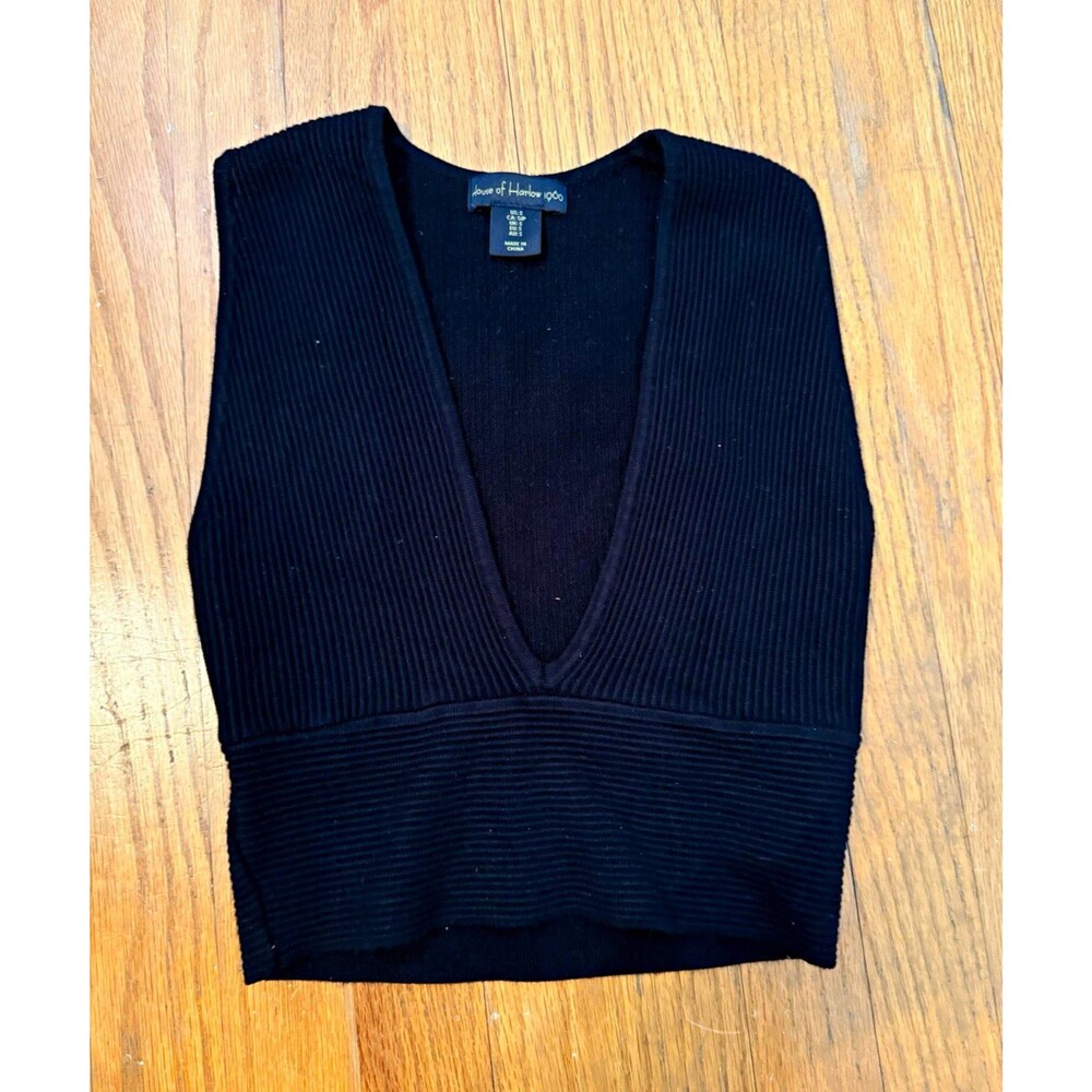 House of Harlow 1960 Black Ribbed Knit Deep V Crop Top Size Small
